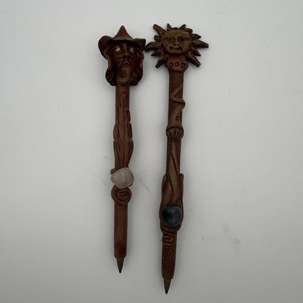 Cueva Resin Wizard & Sun Face Ballpoint Pens Lot 2 Brown Fantasy Art Decor